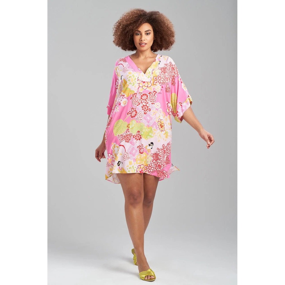 Natori Pink Floral Rayon Caftan Sleeve V-Neck Medium